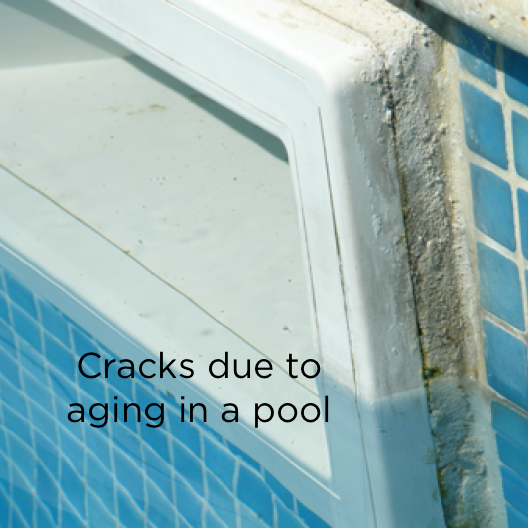 Cracks in a swimming pool can be repaired with the waterproof hybrid adhesive MA300 Adezif or MS 3000 Axon