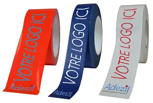 scotch personnalisé en couleur : rouge, bleu ou blanc avec le texte "votre logo ici" de couleur différente
